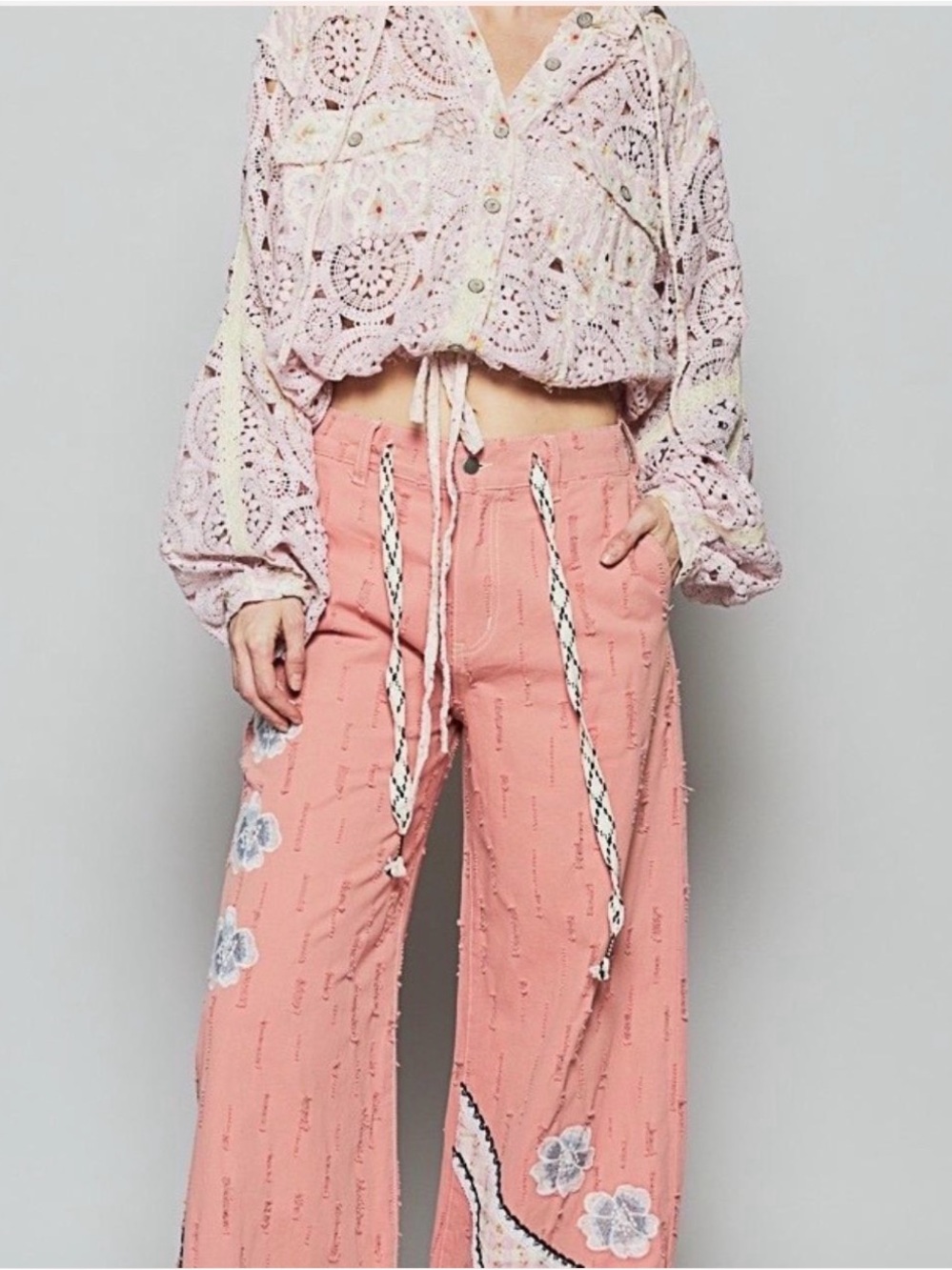 POL Pink Embroidered Wide-Leg Drawstring Pants